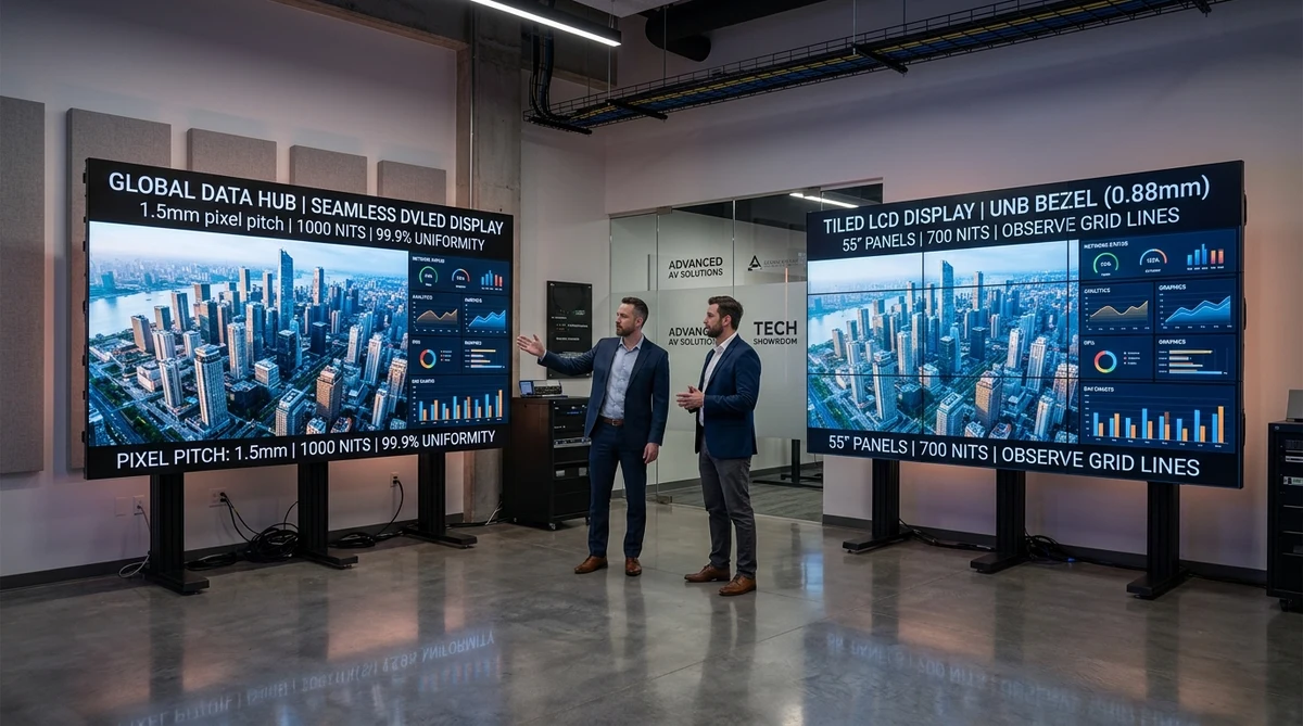 Direct-View Seamless LED Video Wall compared side-by-side with Tiled Ultra-Narrow Bezel LCD Video Wall in AV engineering showroom