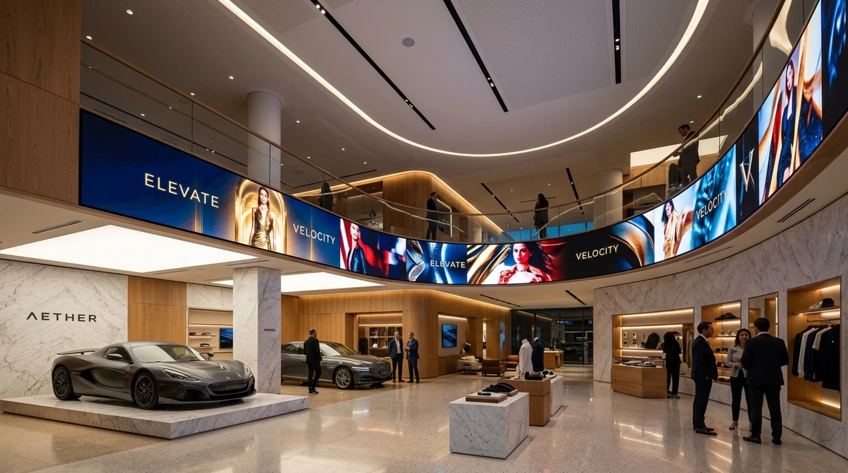 Luxury retail showroom display installation with curved LED video wall