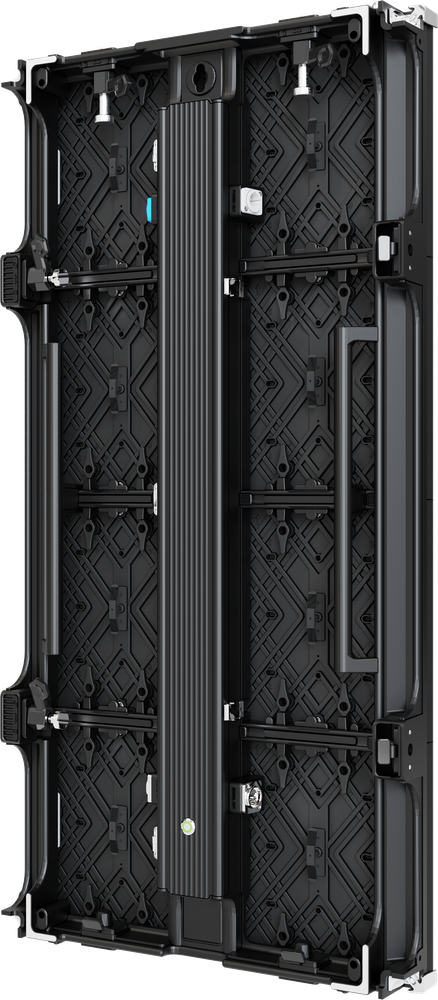 Rear view of precision die-cast aluminum LED cabinet showing fast-lock latching system, structural handles, and modular service access